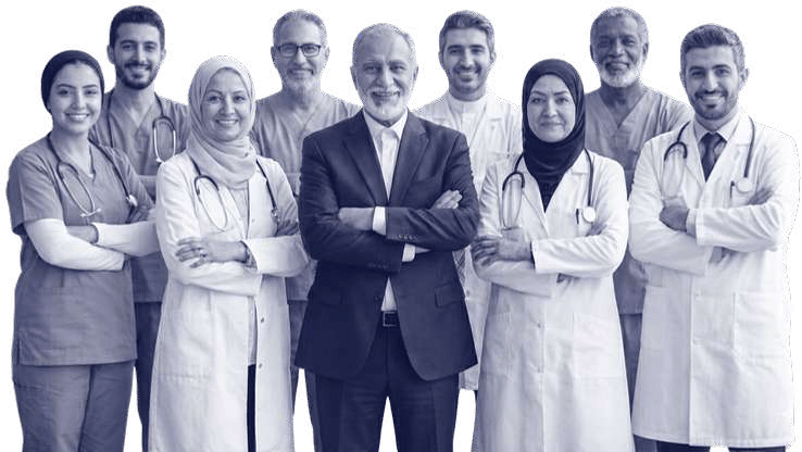 The NAMA Bio-Center clinical team — physicians, pharmacists and nurses in lab coats and scrubs — standing together.